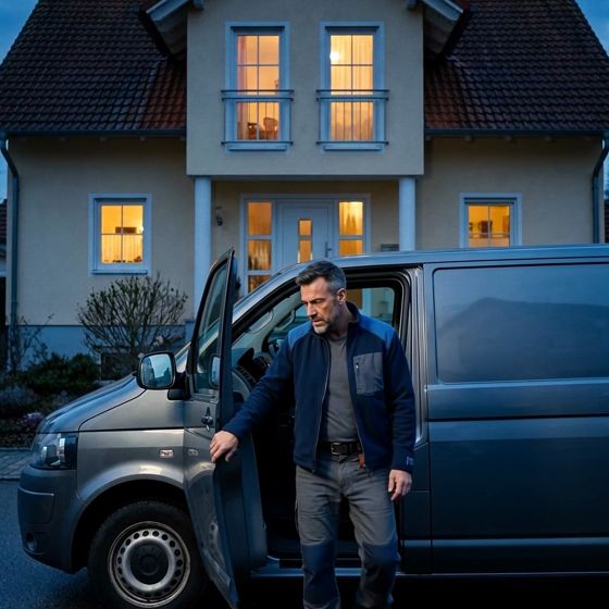 Handwerker am Firmenwagen vor einem Haus