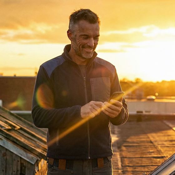 Handwerker mit Smartphone im Abendlicht